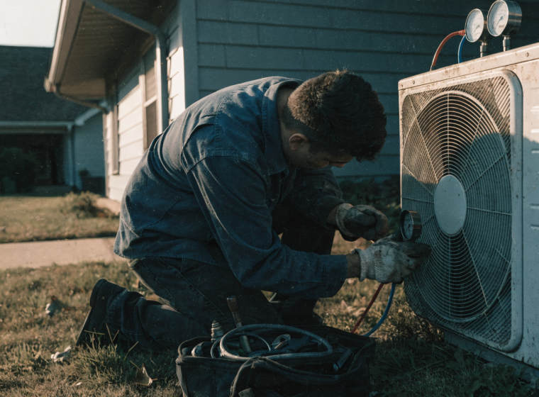 HVAC technician servicing an outdoor condenser unit