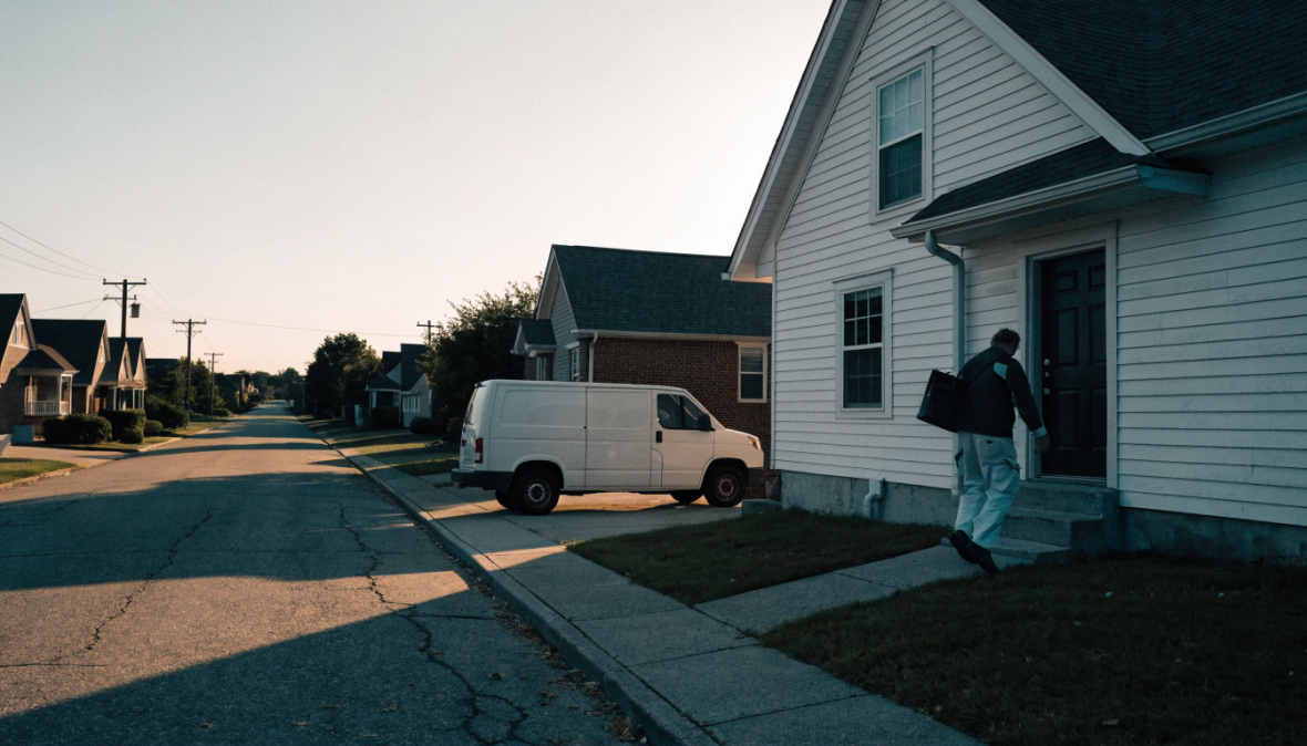 Service van in a residential driveway at golden hour
